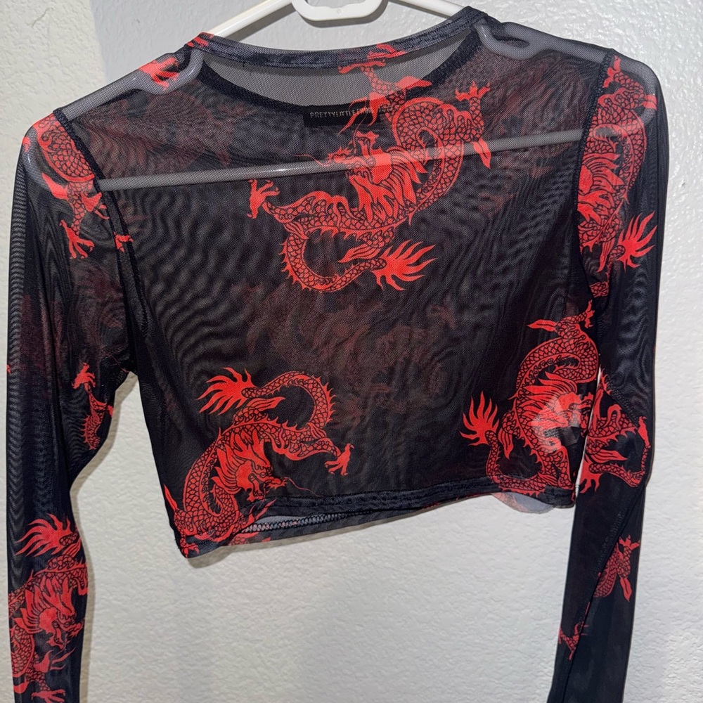 PrettyLittleThing Black and Red Mesh Dragon Blouse
